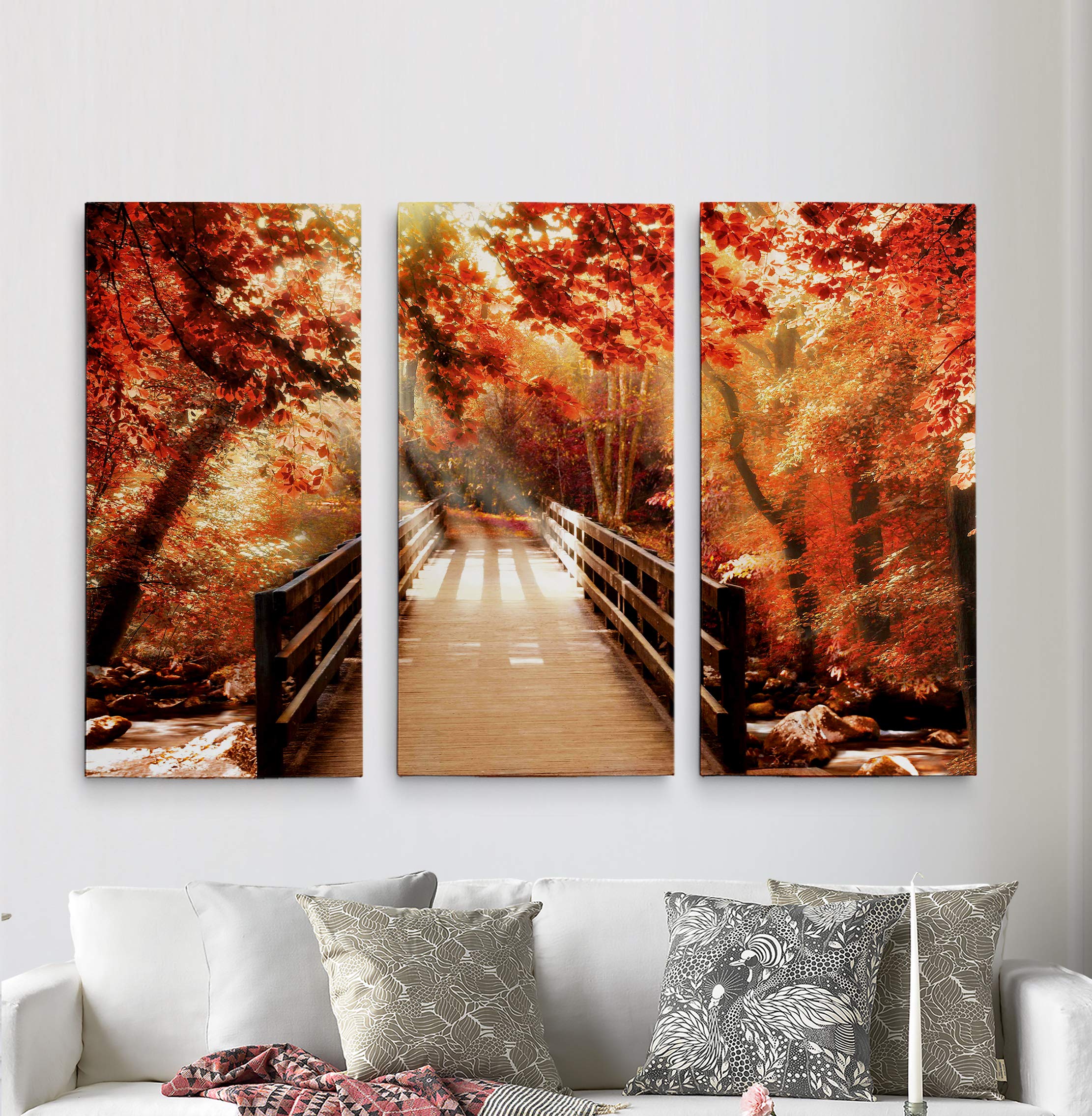 Amazon.com: Autumn Bridge 3 Panel Gallery Wrapped Canvas Autumn
